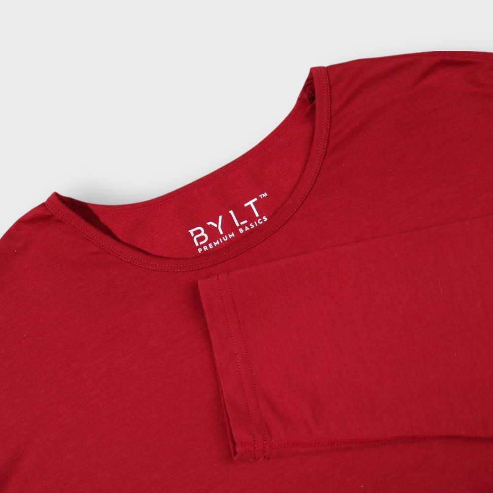 BYLT Shirt Mens 2XL XXL Red Lux Drop Cut Long Sleeve Crew Neck Baselayer Premium - Picture 1 of 5